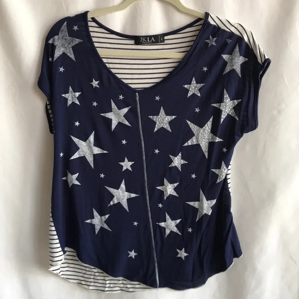 JKLA navy and cream asymmetrical top with stars in front, stripes in back, L